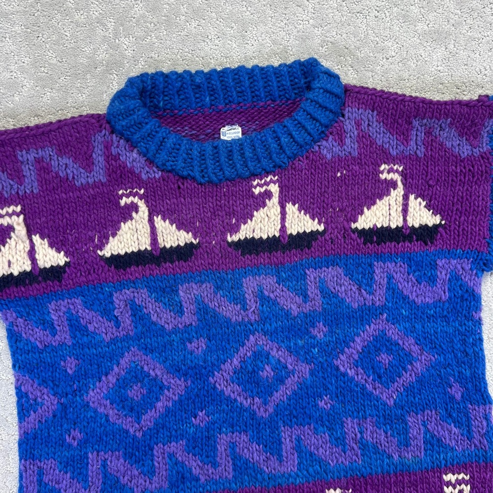 Vintage Hand Made Wool Sweater L/XL?? Sailboat Nautical Knit Blue Chunky Ecuador - Picture 3 of 16